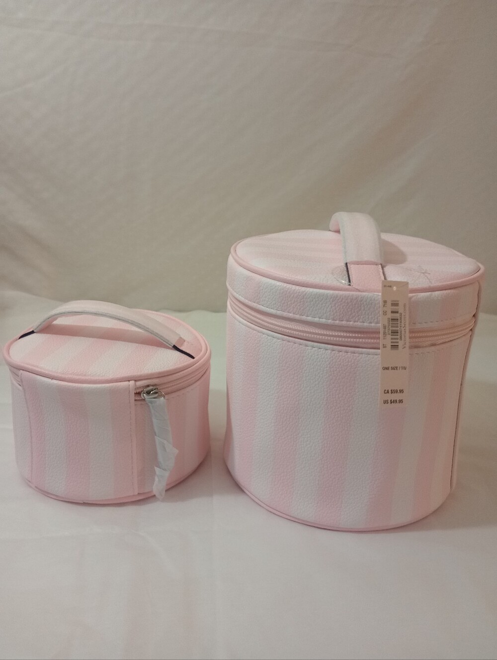 Victoria Secret Pink Striped Round Cosmetic Case Set - 2 Piece